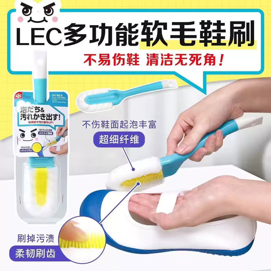 LEC多功能软毛鞋刷海报，展示刷头超细纤维和柔韧刷齿细节，以及清洁白色帆布鞋的演示图。
