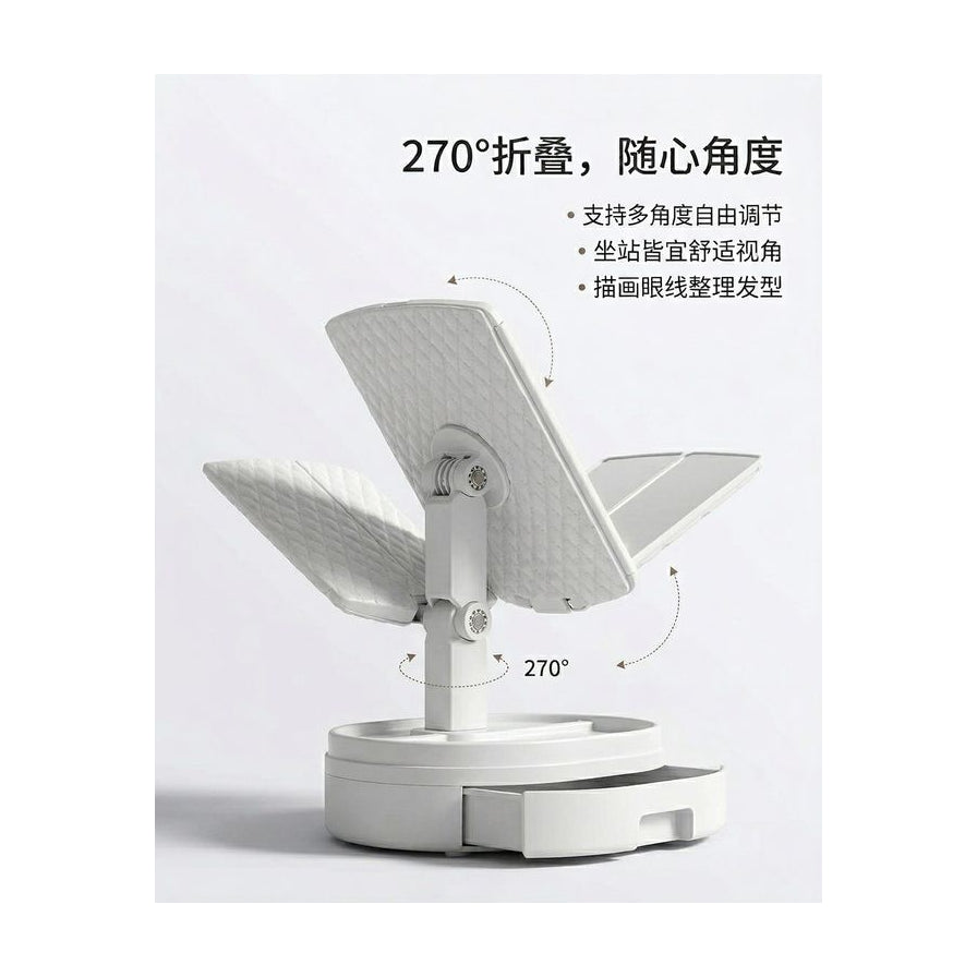 化妆镜 270 度折叠角度示意图，配有中文文字说明展示多角度调节功能。