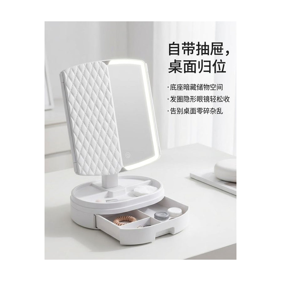 化妆镜底座抽屉收纳功能展示，配有中文文字说明桌面归位和储物空间。