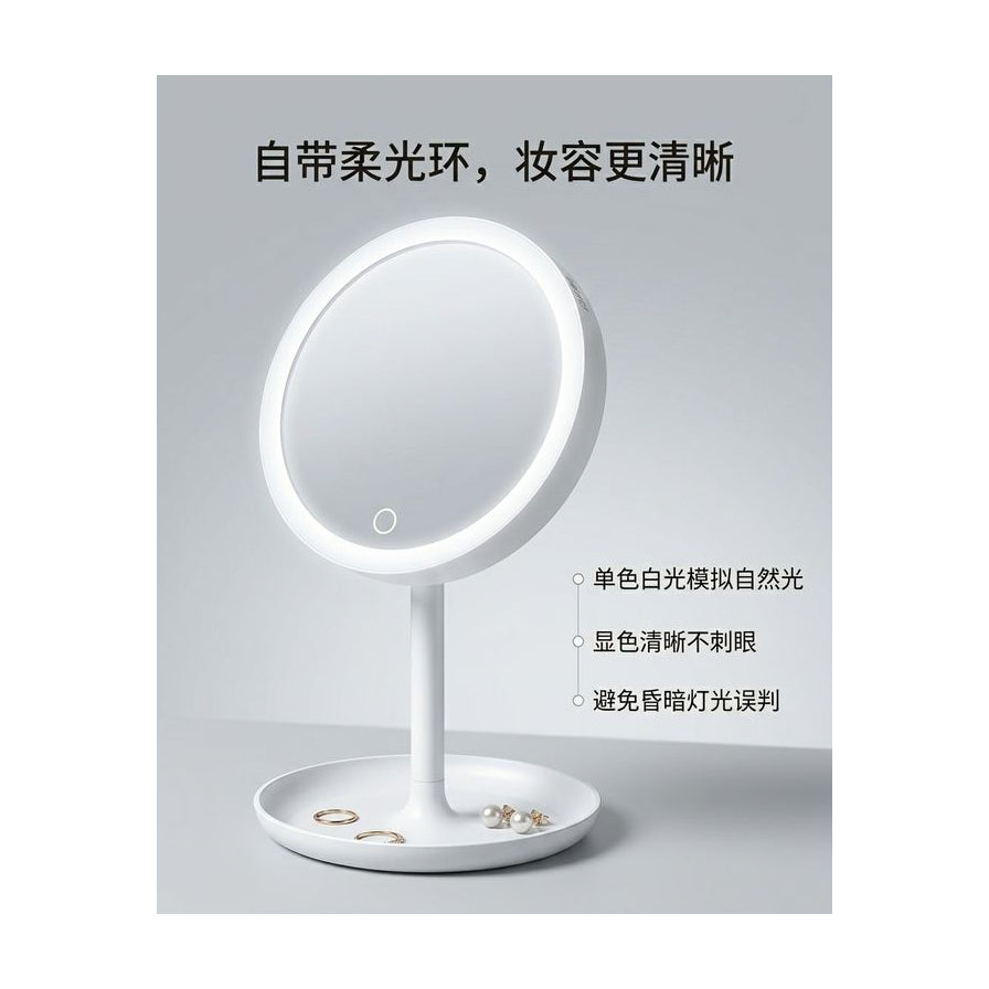 产品卖点示意图，配有中文文字说明柔光效果及托盘收纳功能。