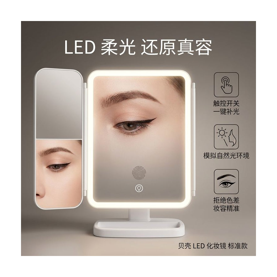 LED 柔光化妆镜特写图，配有中文说明展示触控开关、自然光模拟及妆容细节。