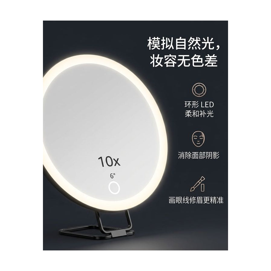 深色背景下的 LED 化妆镜营销图，配有中文说明文字介绍模拟自然光和消除阴影功能。