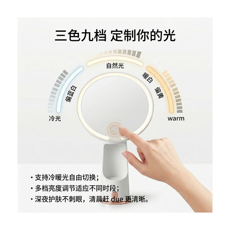 三色九档调光功能示意图，包含冷暖光切换及亮度调节的中文标注。