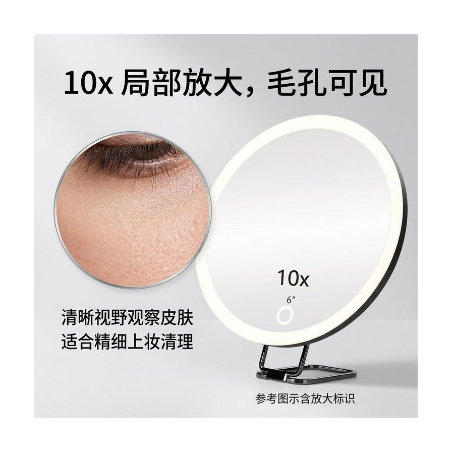 LED 化妆镜局部放大效果演示图，含眼部皮肤特写对比及中文卖点文案。