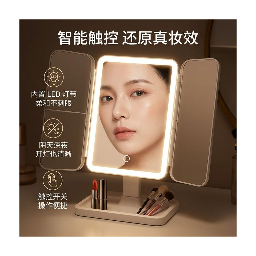 LED 化妆镜开启暖光模式，镜面反射女性面部特写，左侧配有中文智能触控功能说明。