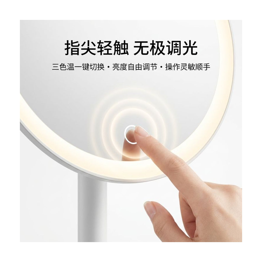 手指轻触化妆镜开关演示图，配有中文说明文字展示无极调光与三色温切换功能。