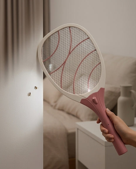 电蚊拍在暗光环境下开启 LED 照明灯，演示夜间精准灭蚊的使用场景