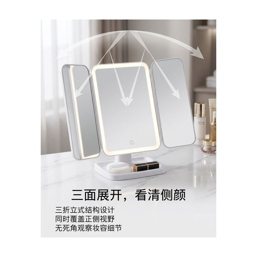 三面展开的 LED 化妆镜示意图，配有中文说明文字强调无死角视野。