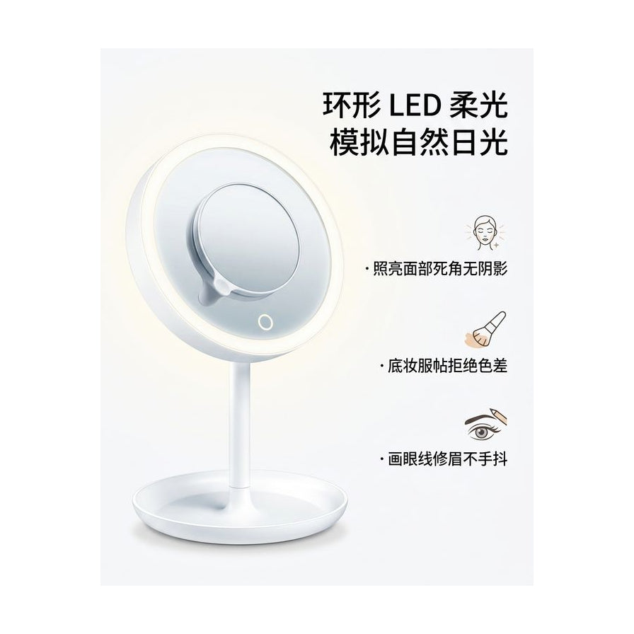 LED 美妆镜功能图解，展示环形柔光模拟日光及化妆辅助效果，配有中文说明。