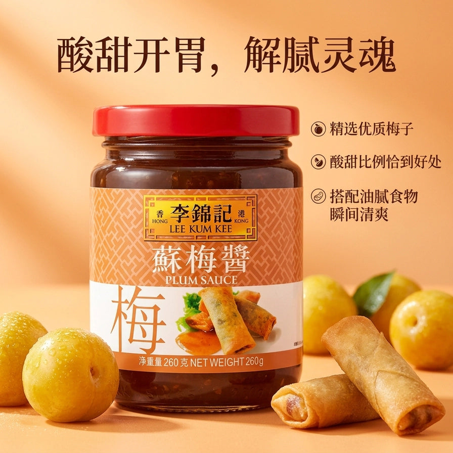 李锦记苏梅酱海报，背景配有新鲜梅子和炸春卷，上方有“酸甜开胃，解腻灵魂”字样及产品特点说明。