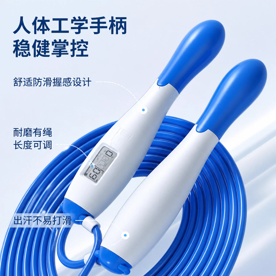 李宁跳绳卖点展示图，突出人体工学手柄、舒适防滑握感、耐磨有绳长度可调等功能说明文字。