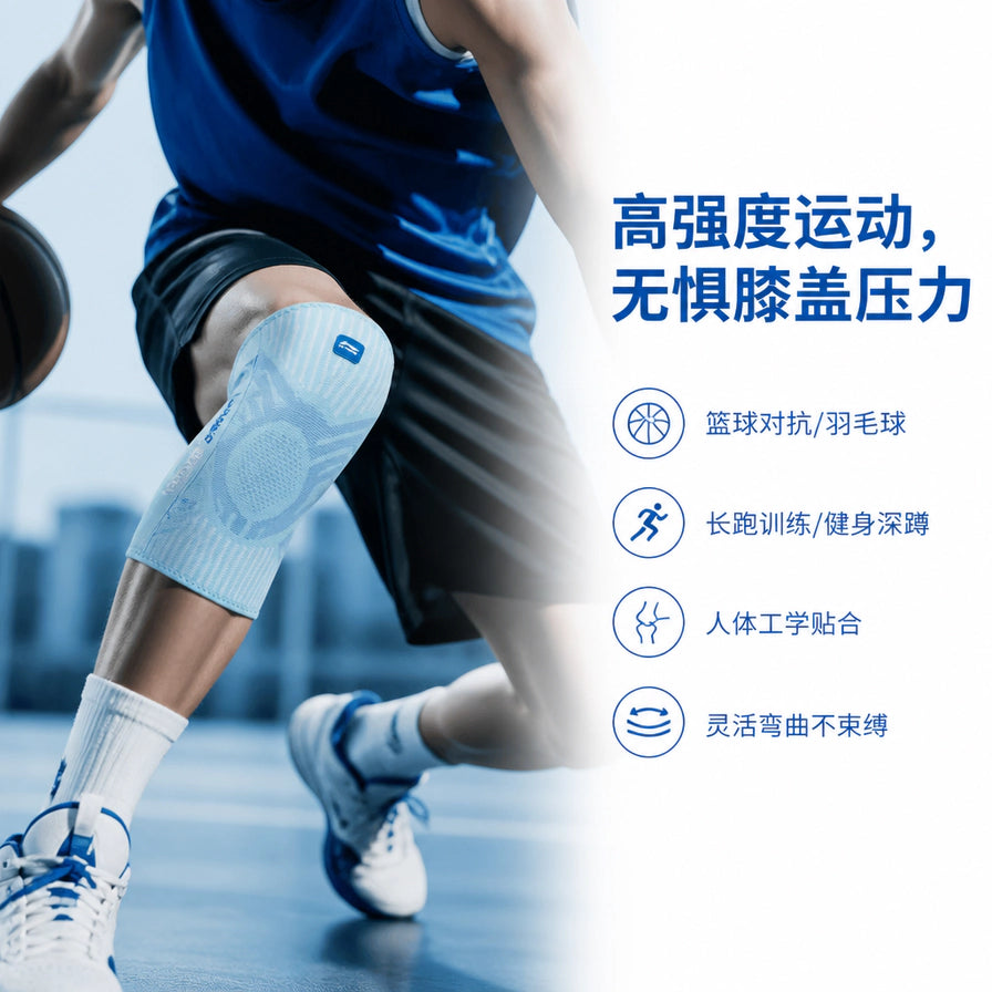运动员佩戴李宁护膝进行篮球运动的场景图，强调高强度运动无惧膝盖压力。