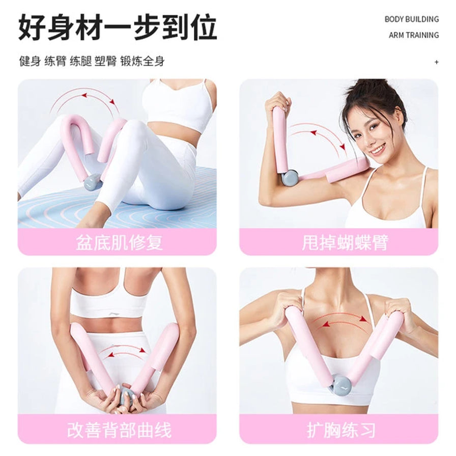 四宫格展示美腿器的多功能用途，包括盆底肌修复、甩掉蝴蝶臂、改善背部曲线及扩胸练习。