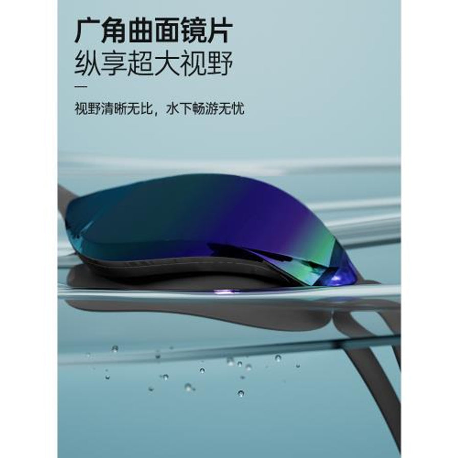 李宁竞速泳镜细节图，展示广角曲面镜片设计，上方配有中文卖点文字说明广角视野。