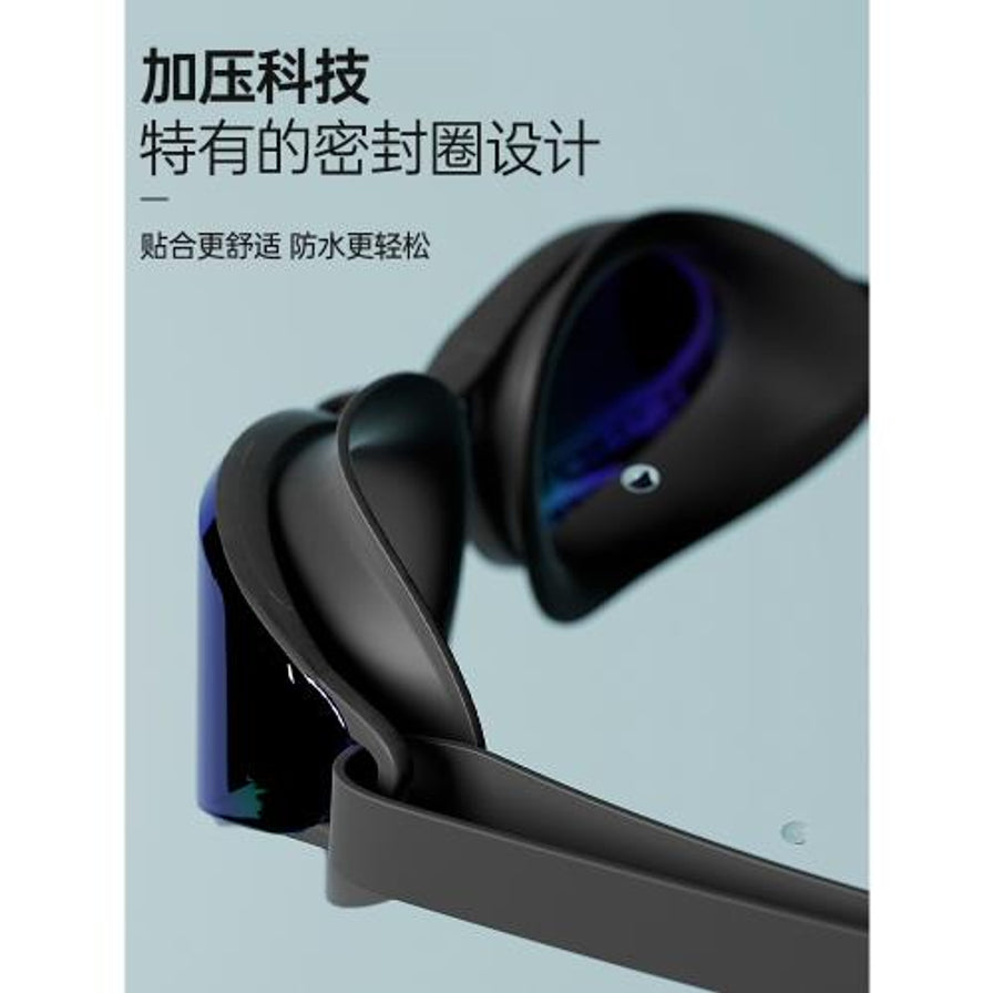 李宁竞速泳镜密封圈细节图，展示加压科技和贴合面部的黑色硅胶密封圈，上方配有中文卖点文字说明防水舒适性。