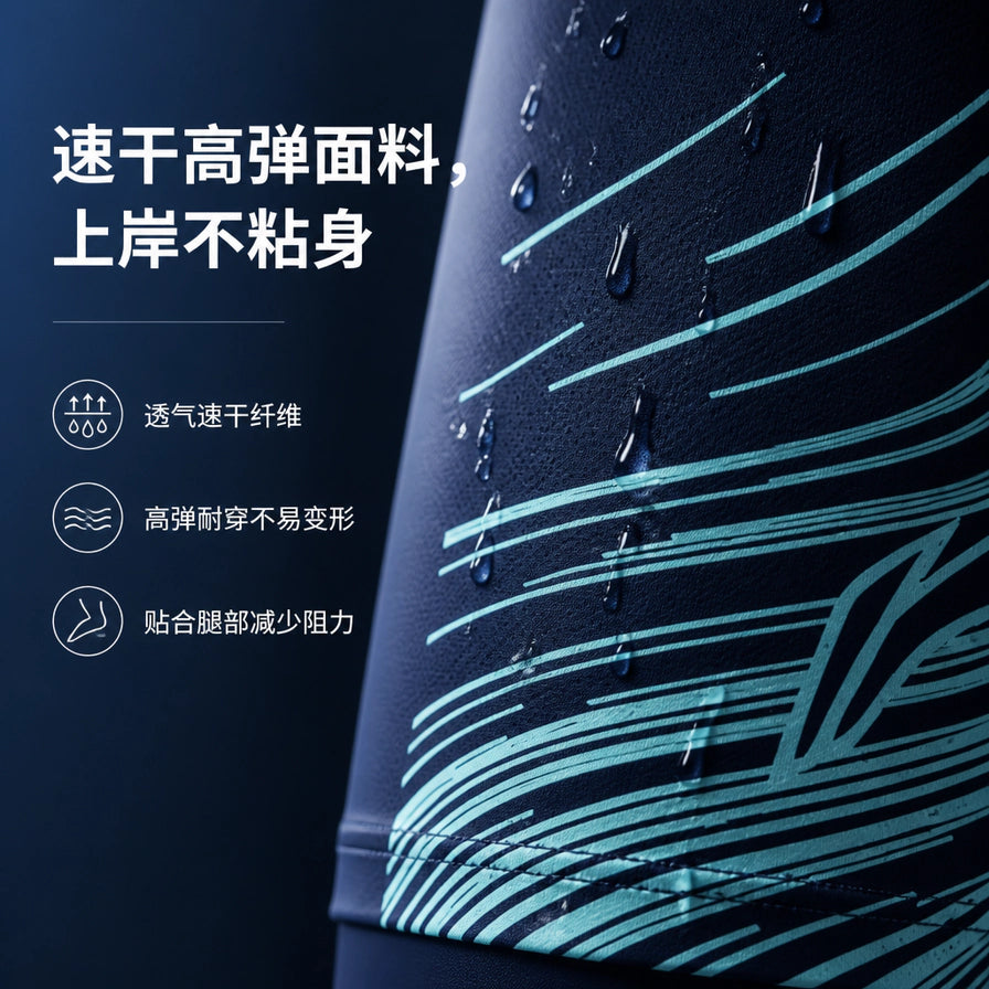 李宁泳裤面料细节近景，表面附着水珠，配有速干高弹面料、上岸不粘身、透气速干纤维等中文卖点文字。