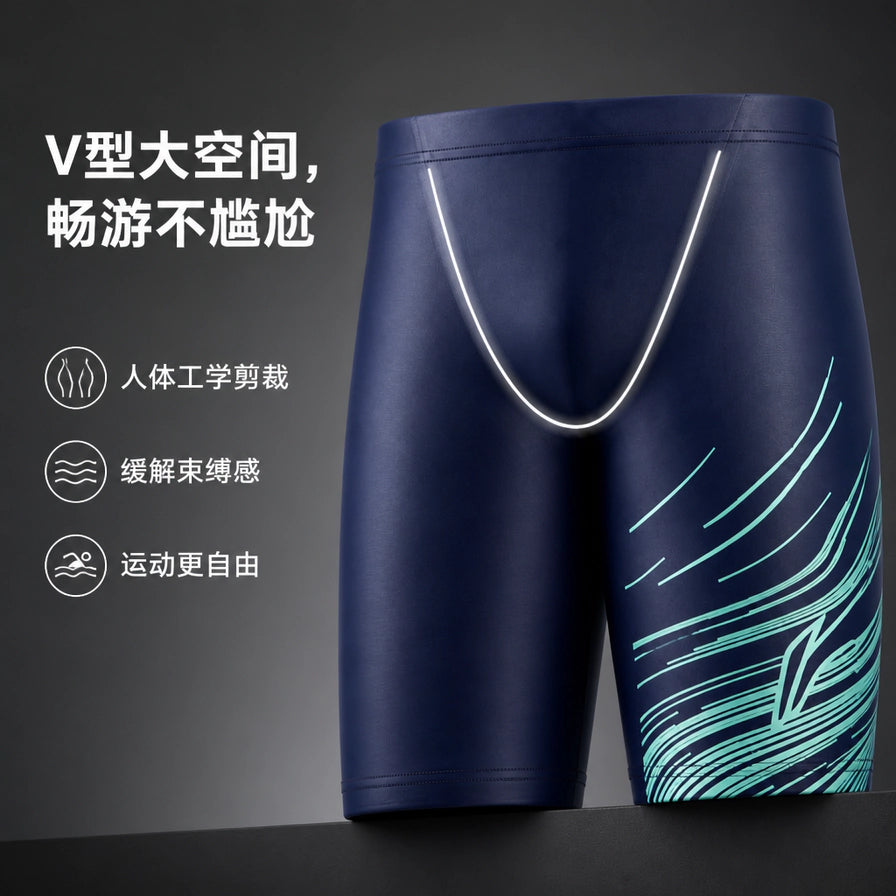 李宁泳裤卖点展示图，标注有V型大空间、人体工学剪裁、缓解束缚感及运动更自由等中文说明。