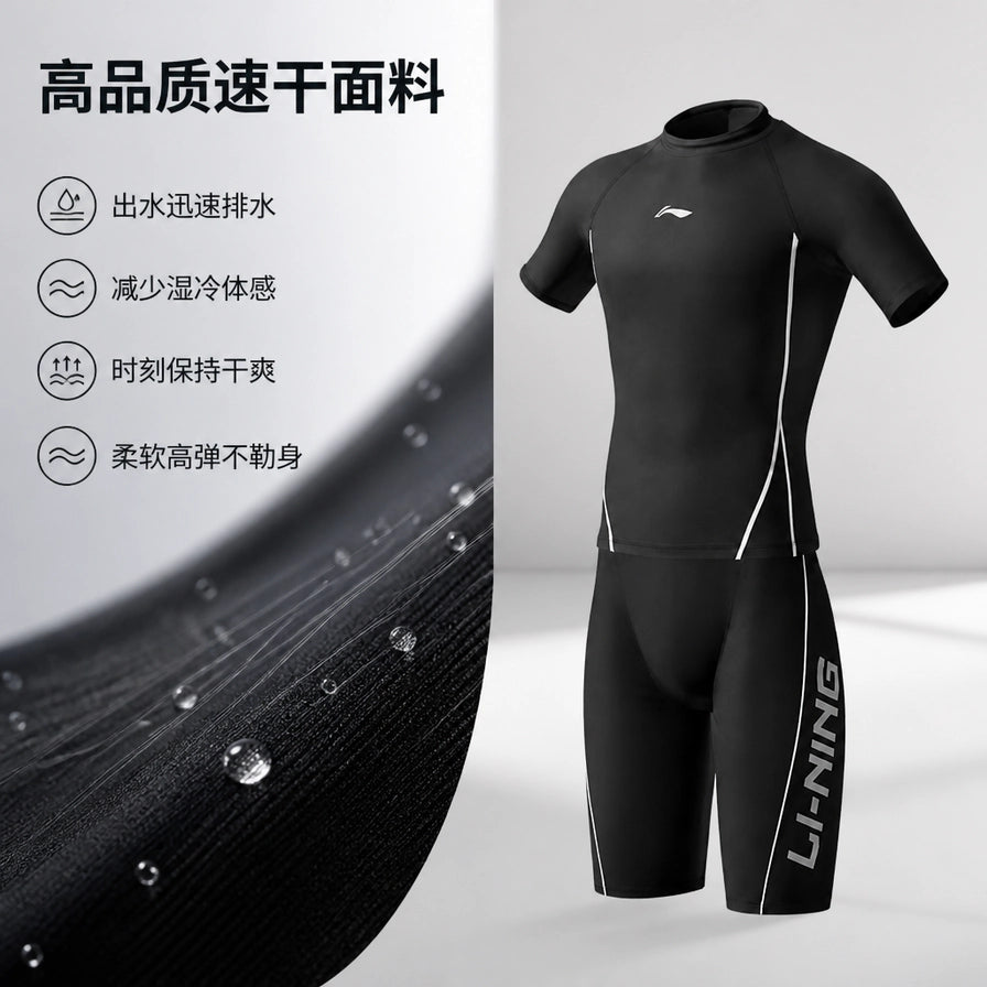 李宁泳衣面料细节展示，左侧配有高品质速干面料文字说明，强调出水迅速排水、减少湿冷感及干爽舒适等卖点。
