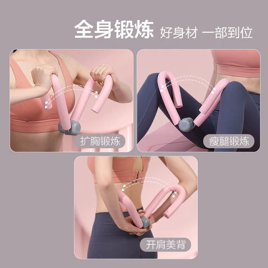 李宁美腿器使用场景图，展示扩胸锻炼、瘦腿锻炼和开肩美背三种运动姿势。