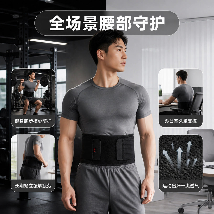 李宁运动护腰带使用场景图，展示男士在健身房深蹲、办公室久坐及长期站立时佩戴护腰带的效果。