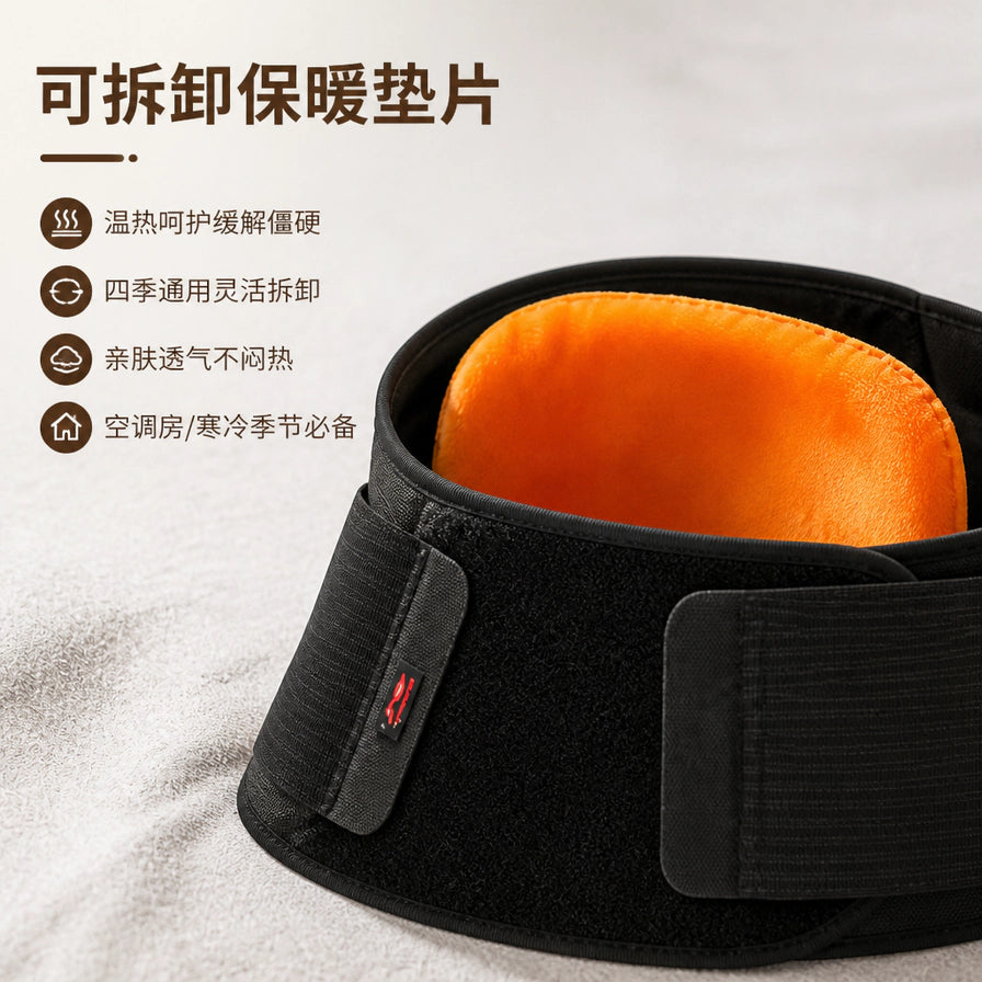 李宁运动护腰带特写，展示内部橙色可拆卸保暖垫片，具有温热呵护、四季通用和亲肤透气的特点。
