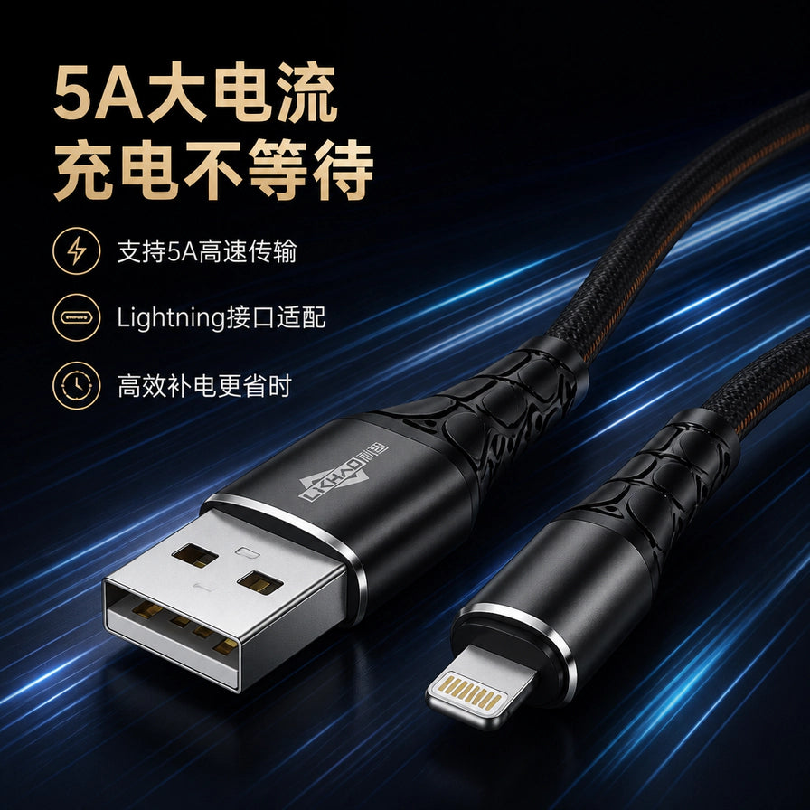 利超L - 703P数据线特写图，展示黑色编织线材与金属质感接口，背景配有蓝色光效，文字说明支持5A大电流快充与Lightning接口适配。