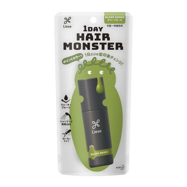Liese 1Day Hair Monster 绿色款产品包装正面图，含日文说明与绿色卡通图案