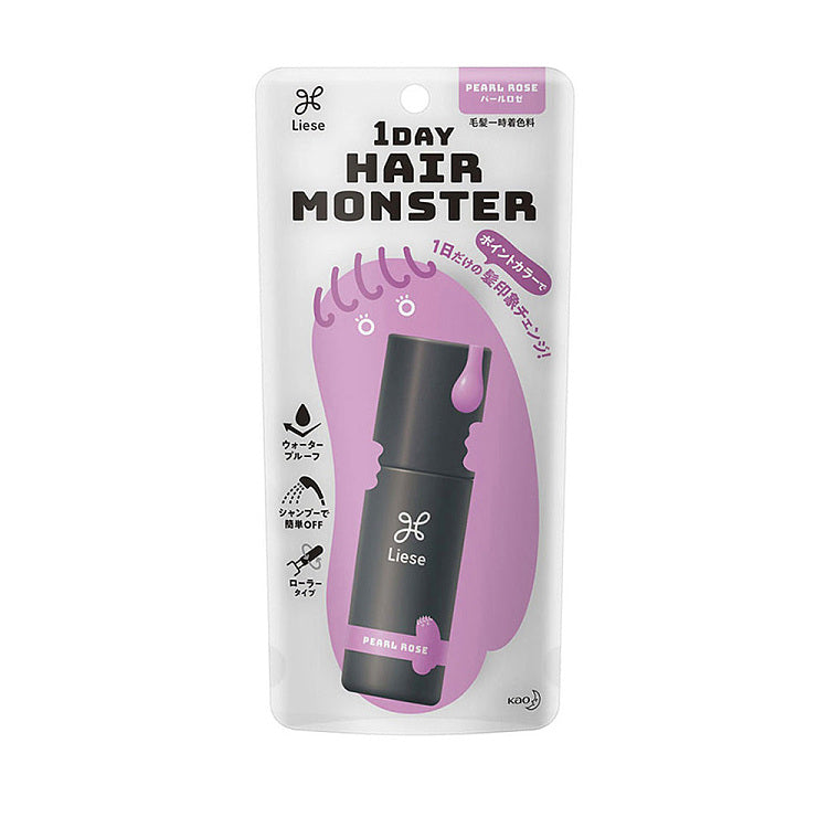 Liese 1Day Hair Monster 紫色款产品包装正面图，含日文说明与紫色卡通图案