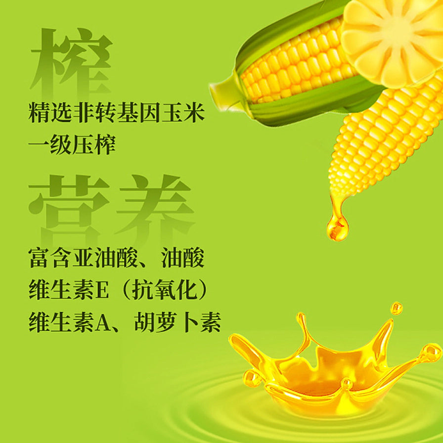 狮球麦玉米油卖点展示，包含非转基因玉米、一级压榨工艺说明，以及富含亚油酸、维生素E等营养成分介绍。