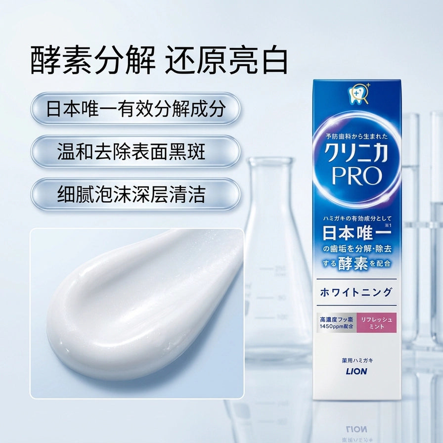 狮王 Clinica PRO 牙膏卖点图，展示白色细腻牙膏质地，背景配有实验室烧杯，中文标注酵素分解还原亮白及深层清洁功能。