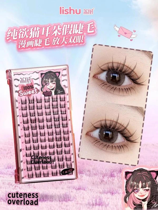Lishu 荔树猫耳假睫毛产品图与眼部佩戴效果展示，背景含中文宣传文案及动漫插画元素。