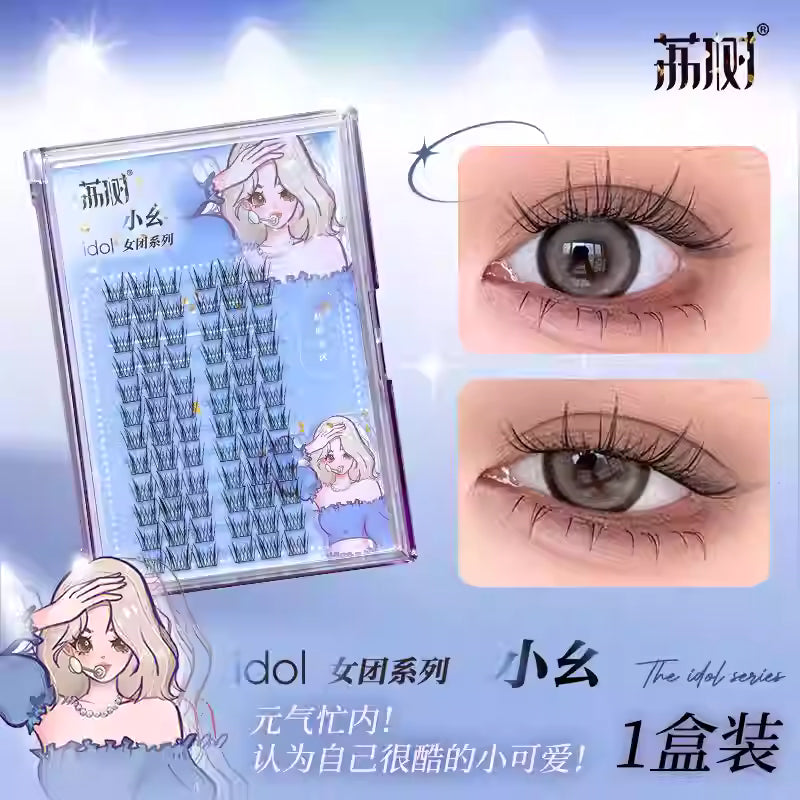 荔树假睫毛产品展示图，包含包装盒、眼部佩戴效果特写及中文宣传文案海报。