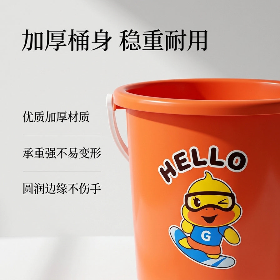 小黄鸭508水桶细节展示，配有中文卖点文字：加厚桶身、稳重耐用、优质加厚材质、承重强不易变形、圆润边缘不伤手。