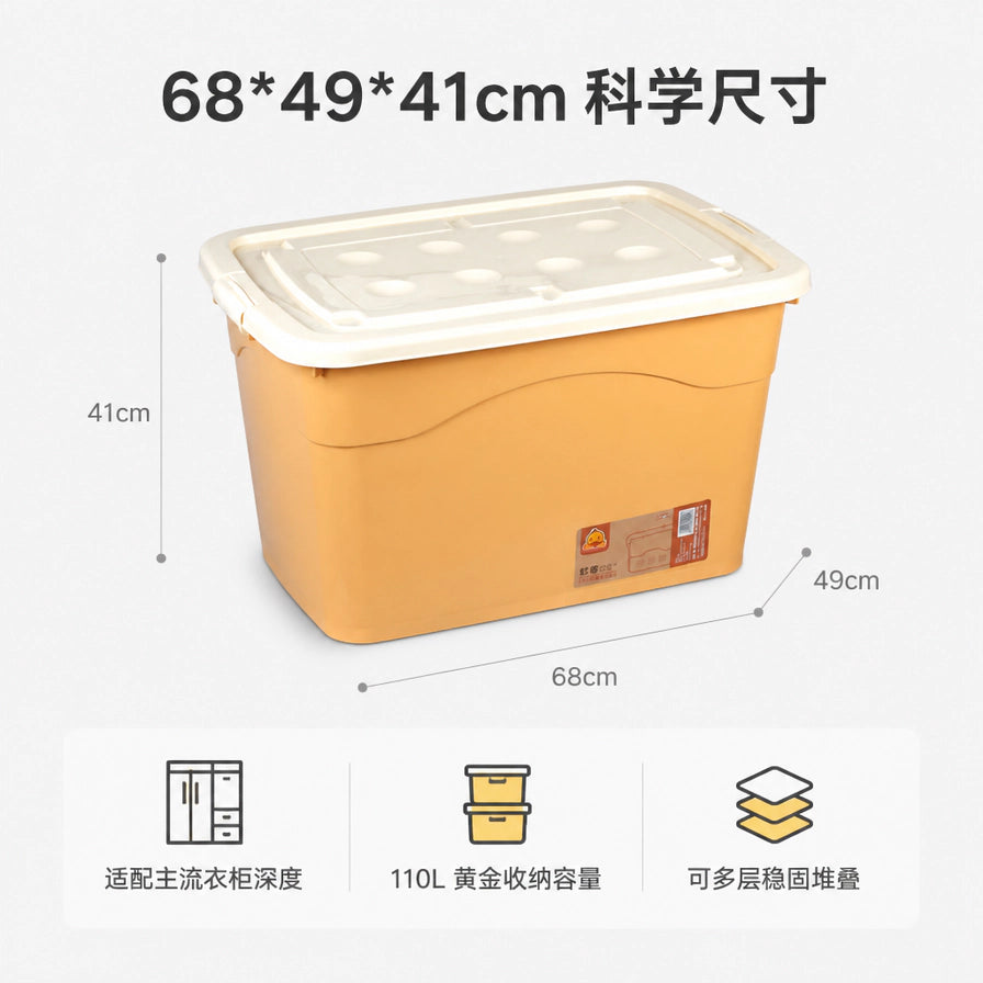 小黄鸭储物箱尺寸标注图，显示长68cm、宽49cm、高41cm，下方配有适配衣柜、110L容量及可堆叠说明。