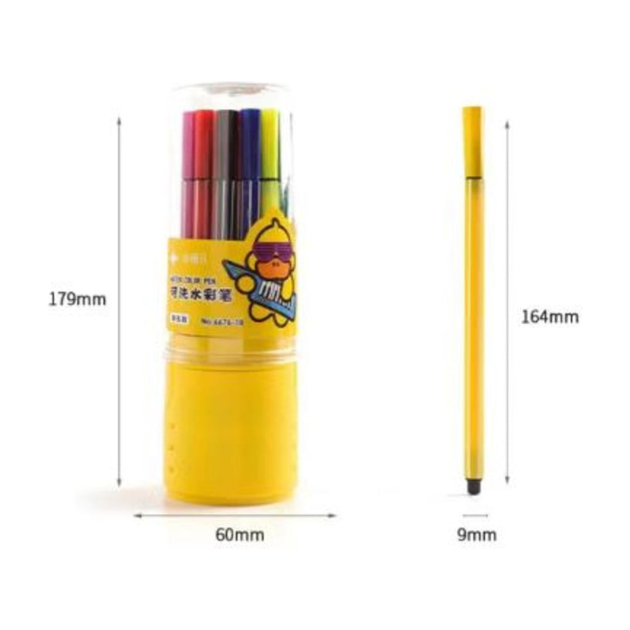 小黄鸭水彩笔尺寸标注图，显示收纳筒高度179mm、宽度60mm，单支水彩笔高度164mm、直径9mm。