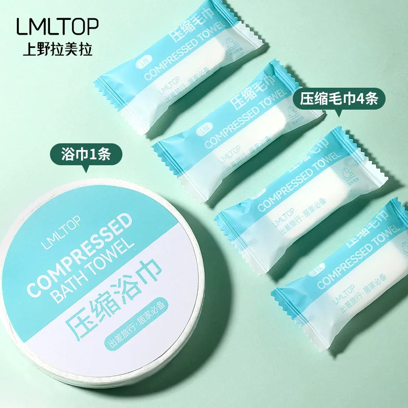 LMLTOP 压缩毛巾套装内容物平铺图，包含一个大圆浴巾和四个长条小毛巾，配有中文数量标注。