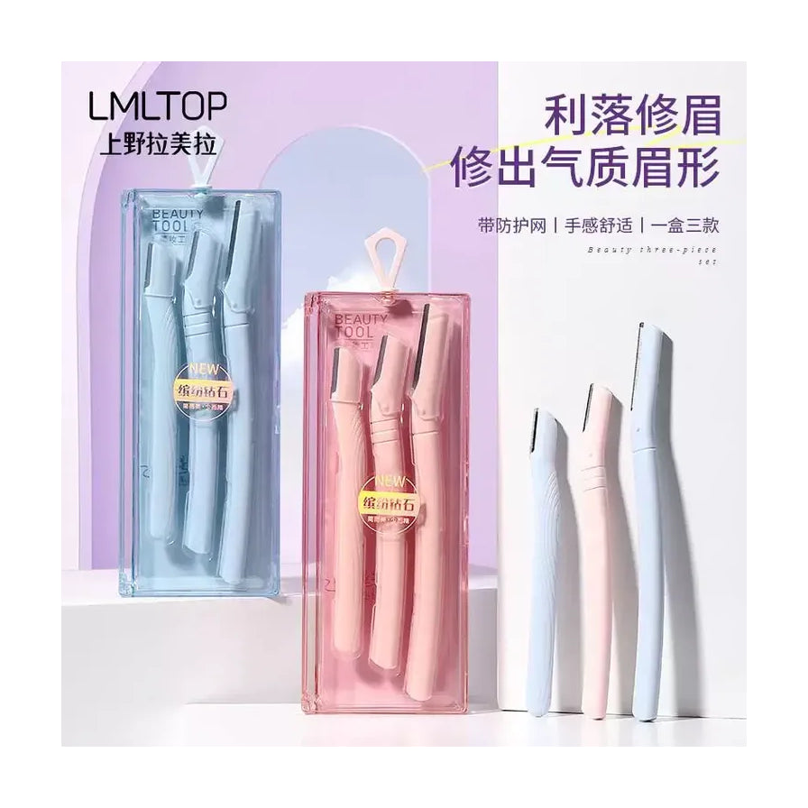 上野拉美拉修眉刀广告图，展示蓝粉两色套装与单刀，配有中文宣传文案。