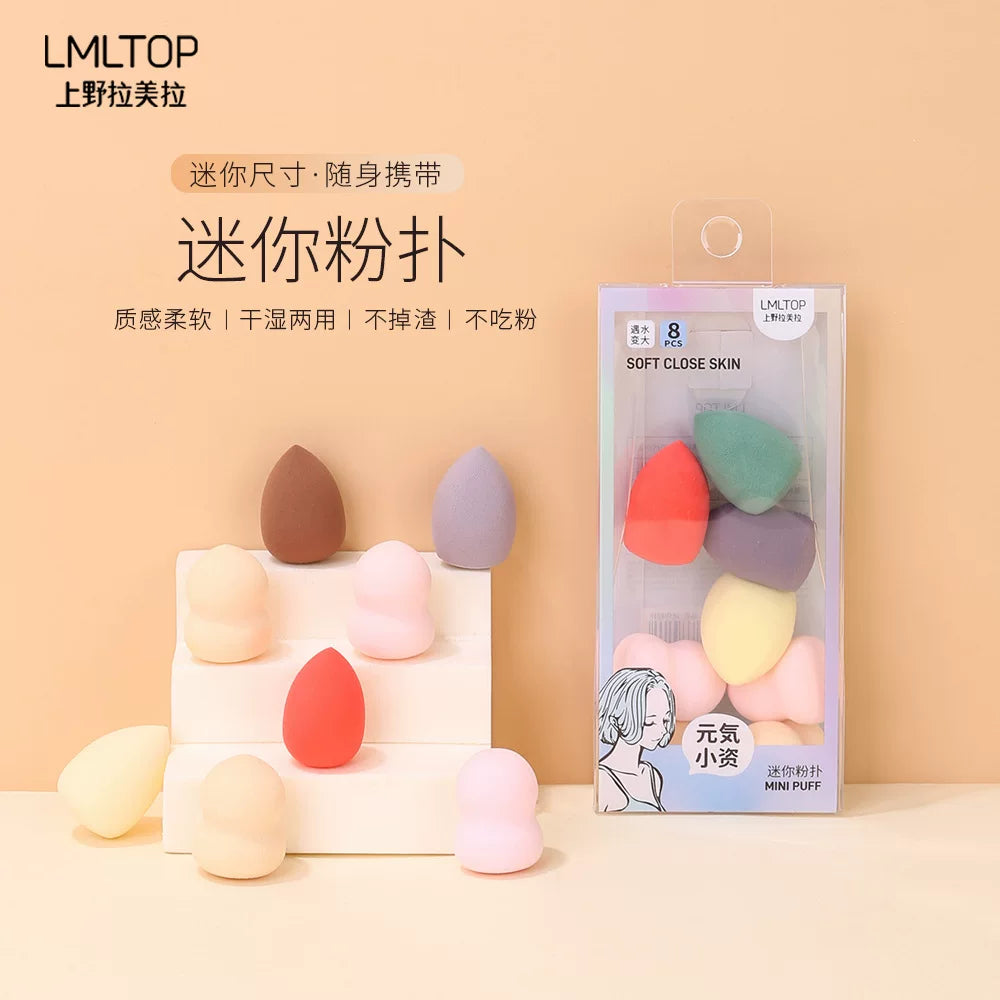 LMLTOP 迷你粉扑产品海报，展示多色粉扑陈列与包装盒，含中文卖点说明