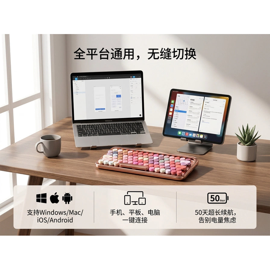 LOFREE洛斐键盘与笔记本电脑、平板电脑摆放在木质桌面，配有全平台通用、50天续航等中文说明。