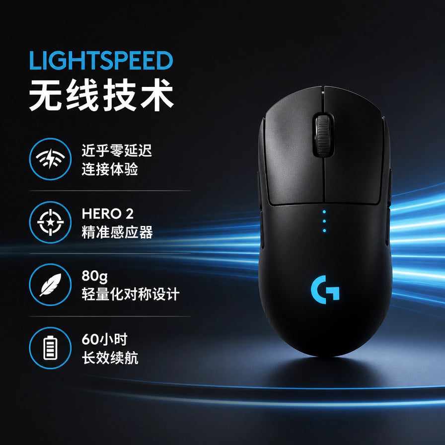 罗技 PRO2 无线鼠标宣传图，展示 LIGHTSPEED 无线技术、HERO 2 感应器、80g 轻量化设计及 60 小时续航等卖点。