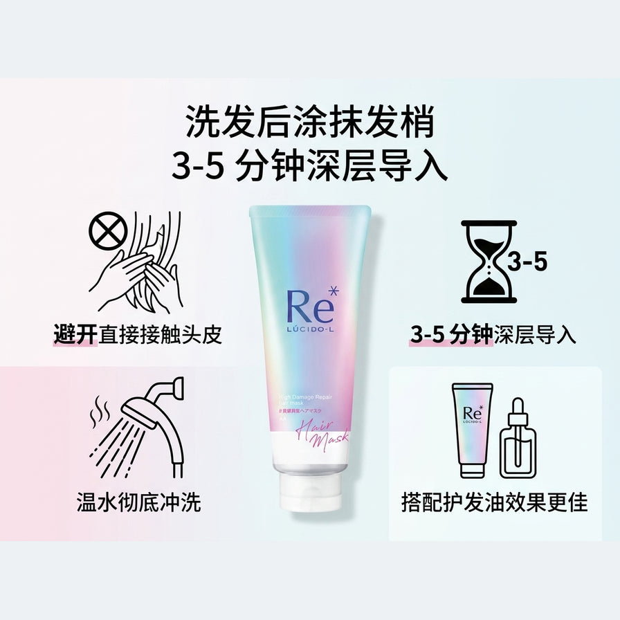 护发发膜使用步骤图解，包含涂抹发梢、避开头皮及温水冲洗的中文说明。