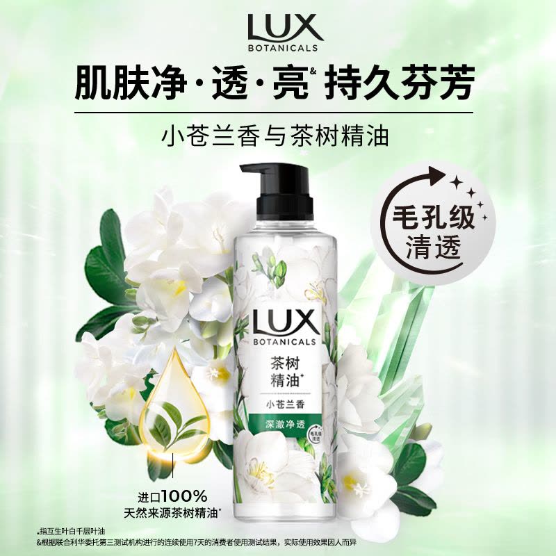 力士沐浴露宣传海报，包含中文卖点文案、茶树精油图示及毛孔清透功能角标。