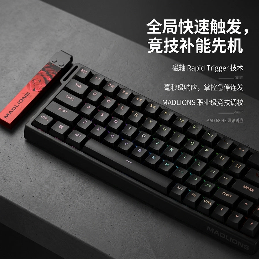 MADLIONS MAD 68 HE 磁轴键盘斜侧视角卖点图，展示全局快速触发RT技术，配有中文功能说明文字。
