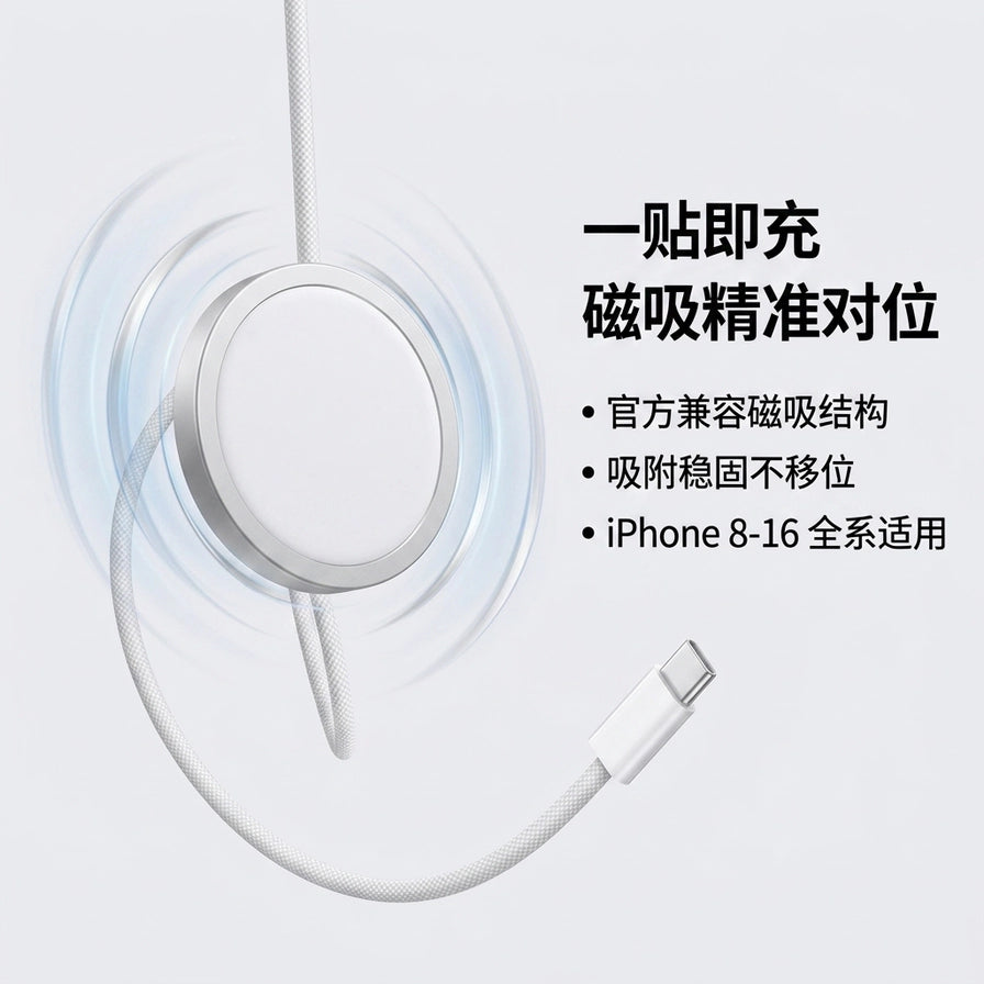MagSafe 磁吸无线充电器卖点图，配有中文说明文字：一贴即充、磁吸精准对位，适用于 iPhone 8 - 16 全系。