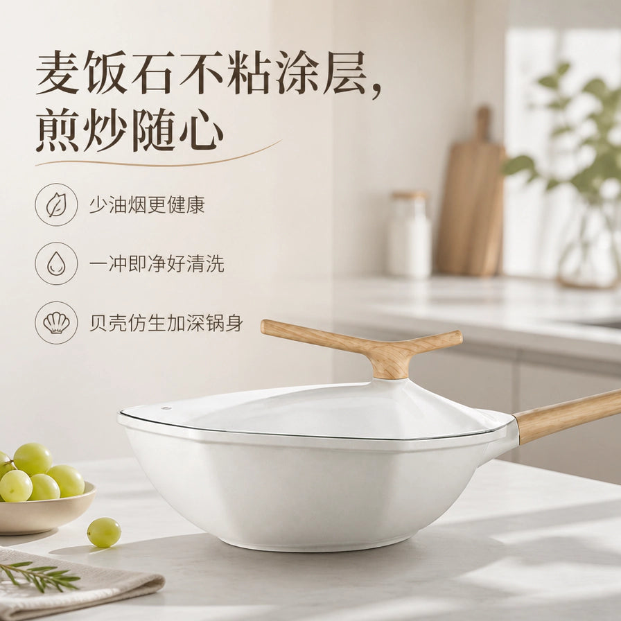 在明亮的厨房场景中，白色贝壳锅放置在台面上，左侧配有中文卖点文字：麦饭石不粘涂层，煎炒随心。