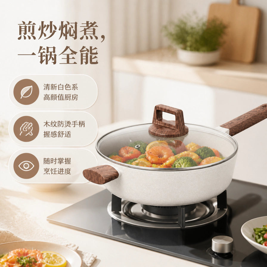 正在燃气灶上烹饪食物的白色麦饭石不粘锅，左侧标注了清新白色系、木纹防烫手柄、随时掌握烹饪进度等中文卖点。