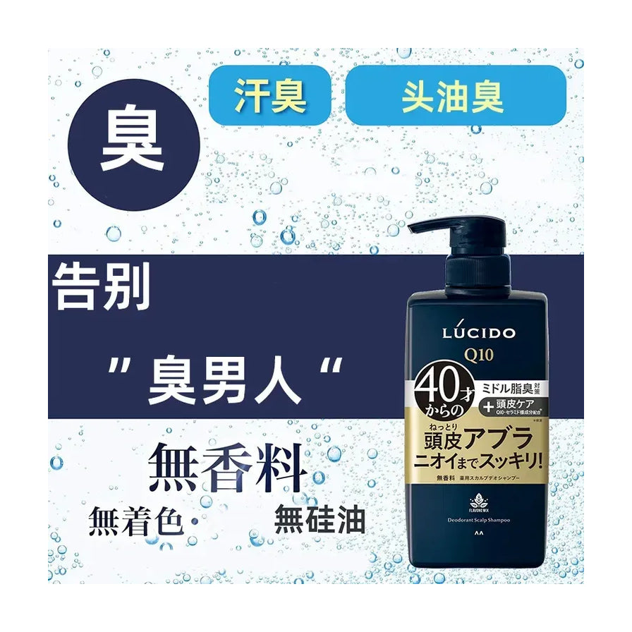 LUCIDO 洗发水宣传海报，包含中文卖点“告别臭男人”、“无香料无硅油”及气泡背景设计。