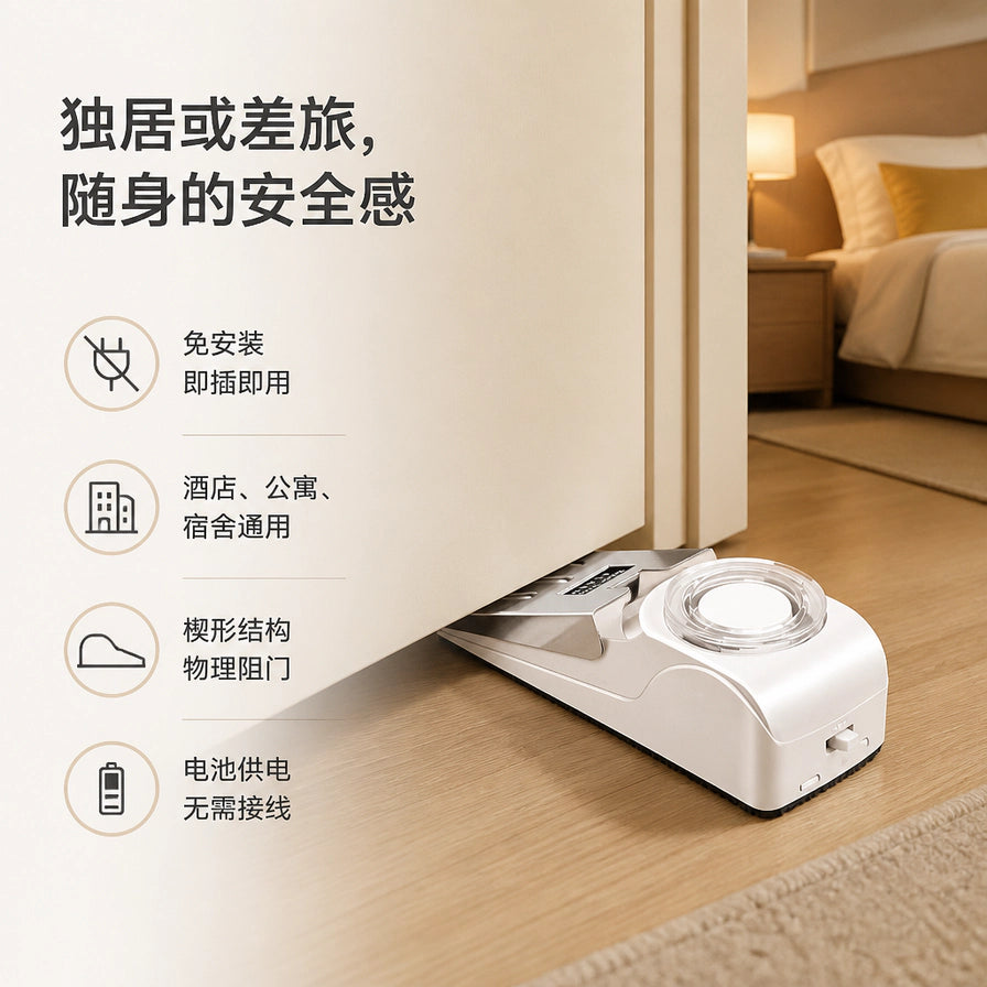声光门阻报警器应用于酒店房门后的实景图，配有中文卖点说明：免安装、通用场景、楔形结构及电池供电。