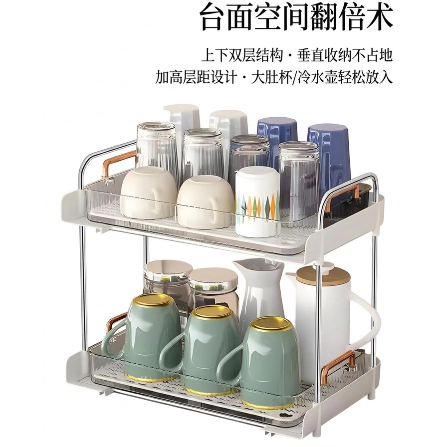 带有中文标题“台面空间翻倍术”的营销图，展示双层结构垂直收纳不占地的特点。