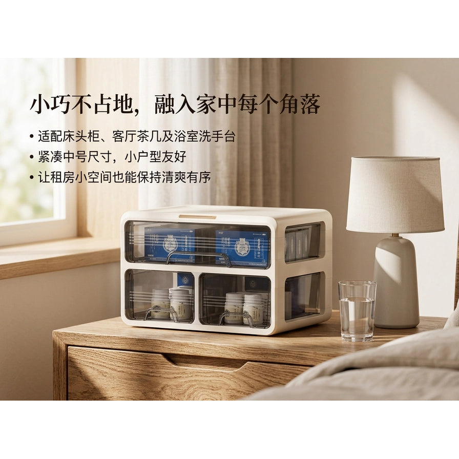 收纳盒置于卧室床头柜场景图，配有中文文案说明其小巧不占地、适配多种家居角落。